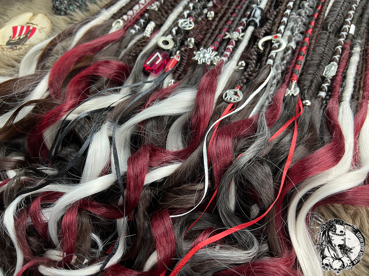 Dark Wine Calico! Locs with Rapunzel ends - Straighten or Curl them at any time! Witch and Viking decorated set, Dreads with braids! A rich calico blend of dark chocolate brown, deep wine burgundy, brown, and platinum blonde accents for contrast and depth. RAPUNZEL280 - Image 4