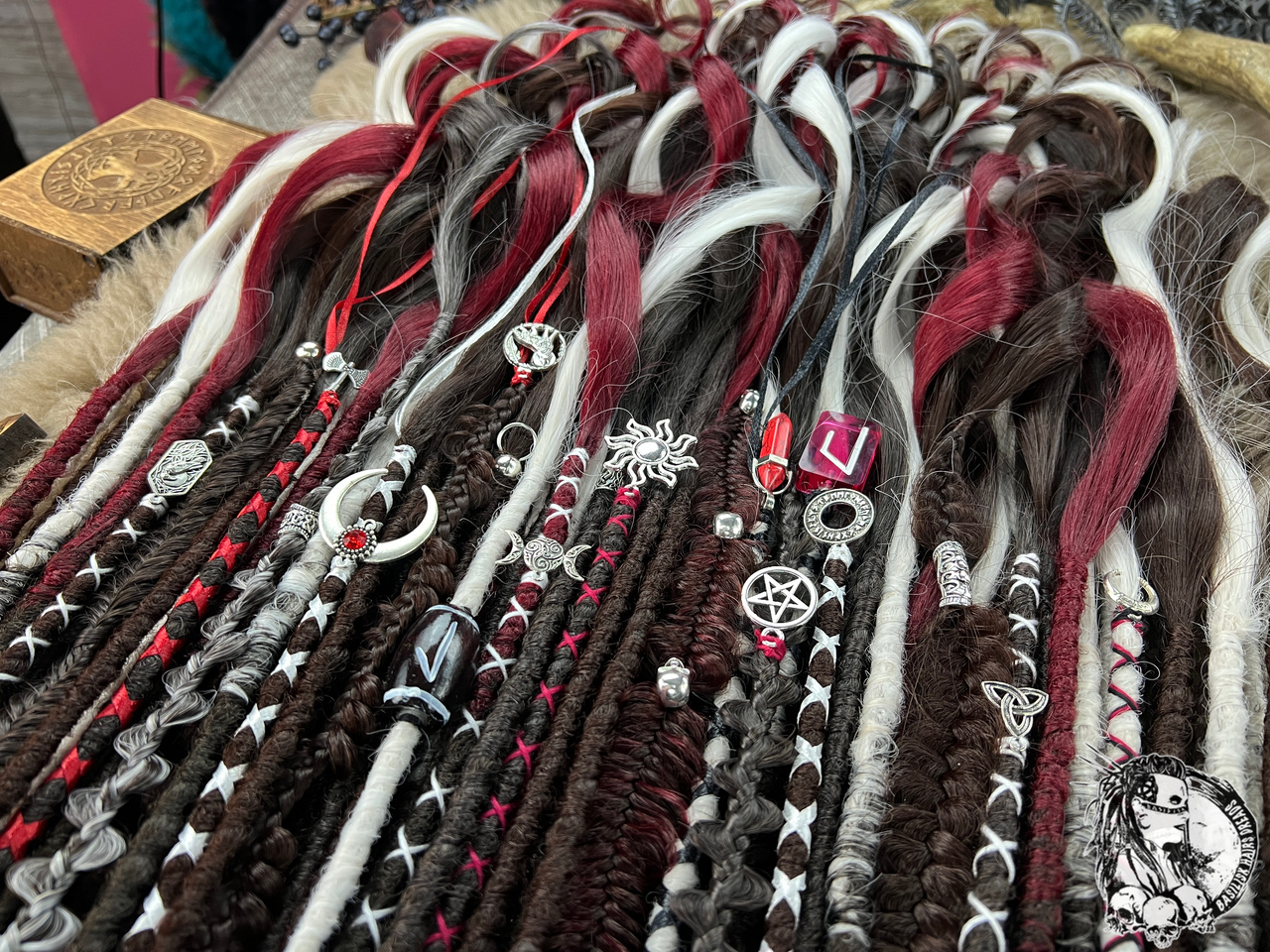 Dark Wine Calico! Locs with Rapunzel ends - Straighten or Curl them at any time! Witch and Viking decorated set, Dreads with braids! A rich calico blend of dark chocolate brown, deep wine burgundy, brown, and platinum blonde accents for contrast and depth. RAPUNZEL280 - Image 3