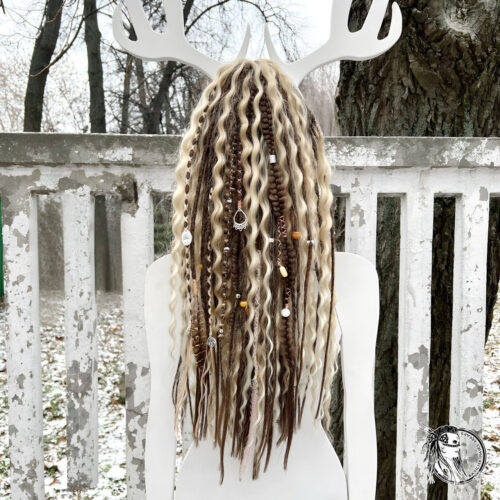 Brown, light Blonde and Golden blonde. Dreads, various Braids, Curls! Boho decorated with real Gemstone, beads and charms, rings and cuffs, lace and feathers, threads and ribbons. CURLS318