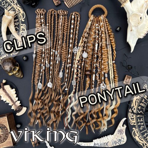 Golden Ember! Clip-ins and/or XL Ponytail with elastic band. Includes decorated dreads and braids in golden shades (browns and blondes). Custom – select length and decoration style; pictured with Viking-inspired decorations. Easy-installation dread falls. CLIPS386