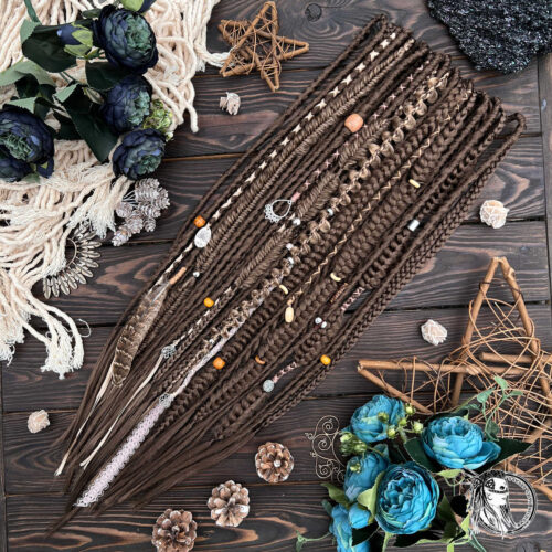 Chestnut brown dreads and braids! Boho decorated set with charms and beads, real Gemstone, lace and feathers. BOHO384