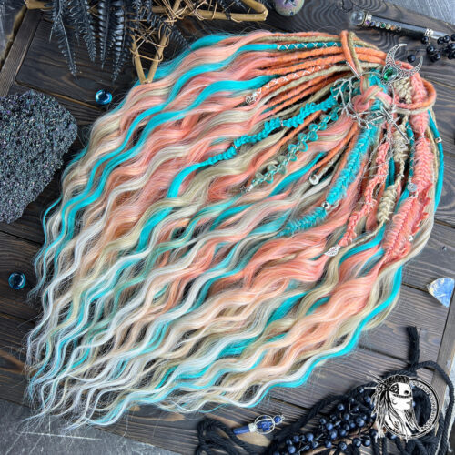 Sorbet Tide! BRUSHABLE CURLS! Roots – decorated Dreads & Braids. Multicolored set featuring Pastel tones - soft peach coral ombre, strawberry and golden blonde ombre, with vivid turquoise pops for contrast. Decorated in Casual style! BRUSHABLE572