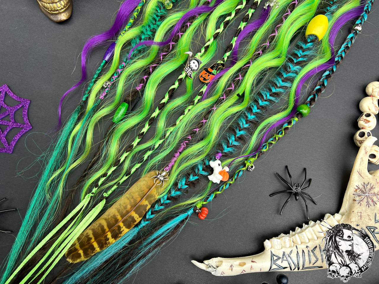 Halloween Set of 4 CLIPS! With dreads and braids, brushable curls! Black, green, purple and turquoise! Spooky decorated with charms and beads, feather and ribbons! Easy installation! HALLOWEEN485 - Image 4