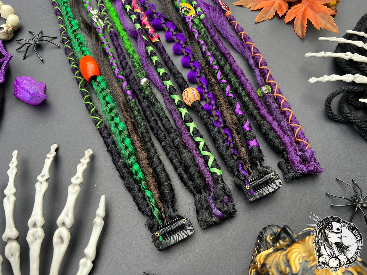 Halloween Clip-Ins! We can make an XL Ponytail version with elastic band (15 ends) instead of Clip-Ins. With dreads and braids, brushable curls! Black, green and purple! Spooky decorated with charms and beads, feather and ribbons! HALLOWEEN480 - Image 3