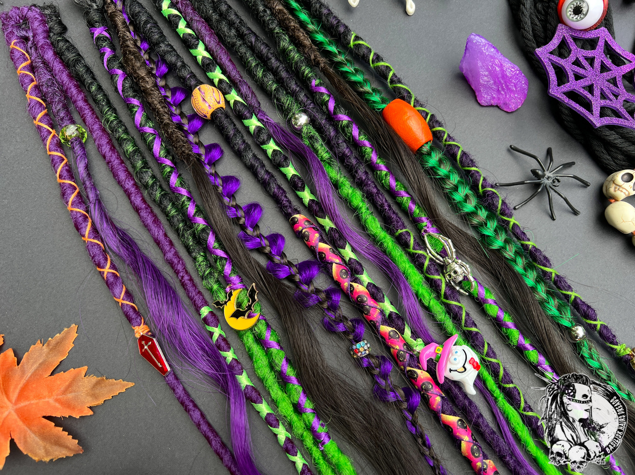 Halloween Clip-Ins! We can make an XL Ponytail version with elastic band (15 ends) instead of Clip-Ins. With dreads and braids, brushable curls! Black, green and purple! Spooky decorated with charms and beads, feather and ribbons! HALLOWEEN480 - Image 2