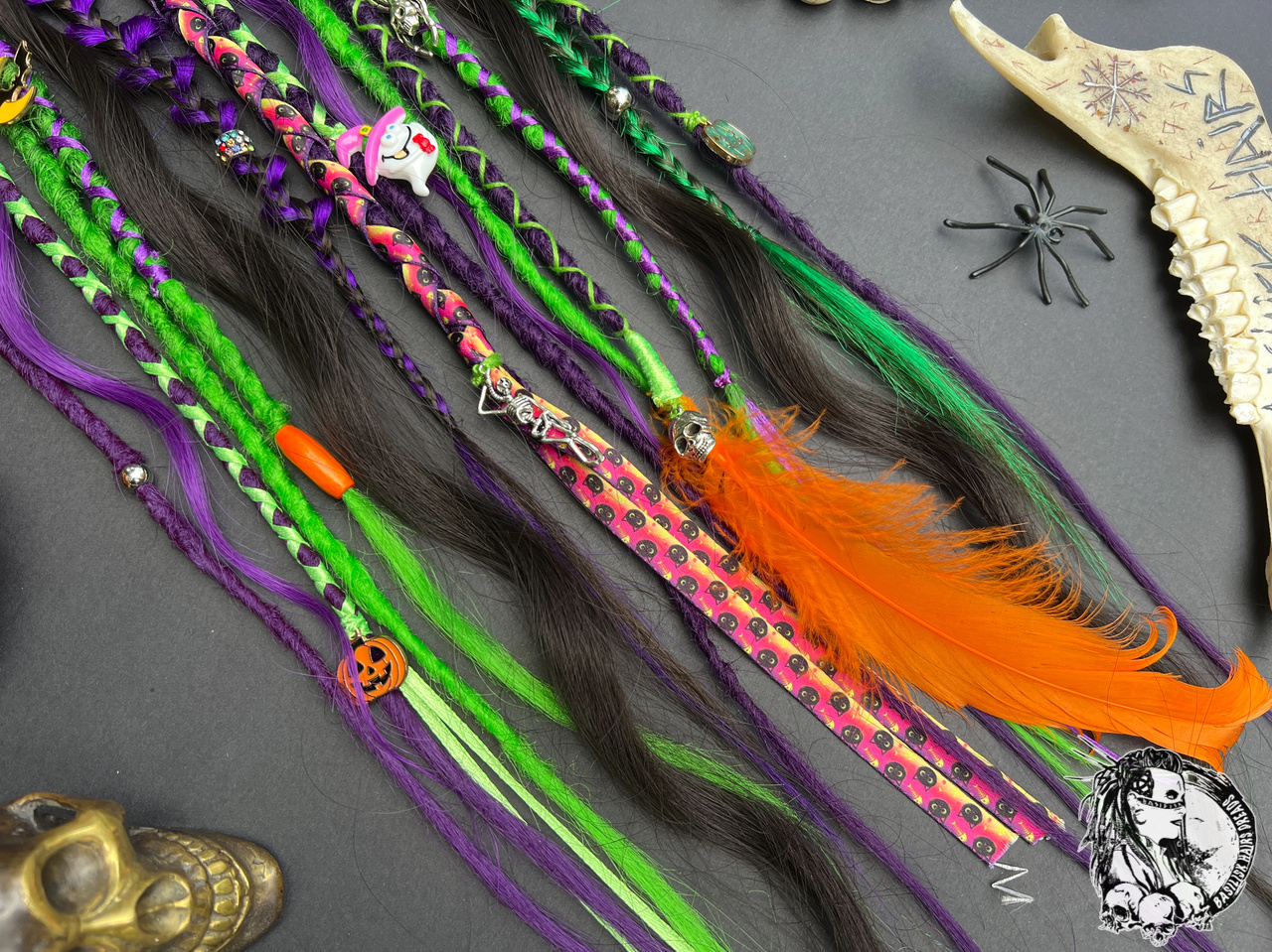Halloween Clip-Ins! We can make an XL Ponytail version with elastic band (15 ends) instead of Clip-Ins. With dreads and braids, brushable curls! Black, green and purple! Spooky decorated with charms and beads, feather and ribbons! HALLOWEEN480 - Image 4