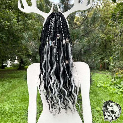 Paint it White! BRUSHABLE CURLS! Roots - decorated Dreads & Braids. Pure Black and ombre to White! With Witchy charms and beads, Moonstone, Ouija, Triple Moon Goddess and Crescent, Feather! BRUSHABLE496