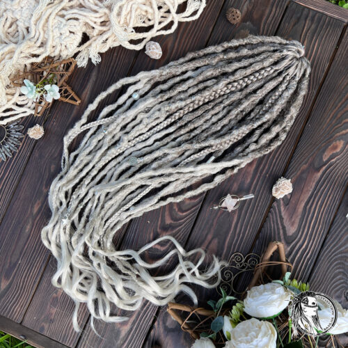 Mushroom Platinum! Ombre from Dark Ash blonde to Platinum! Dreads and braids! Decorated in Casual style – with small charms and beads, pearls and rings, threads. BOHO505
