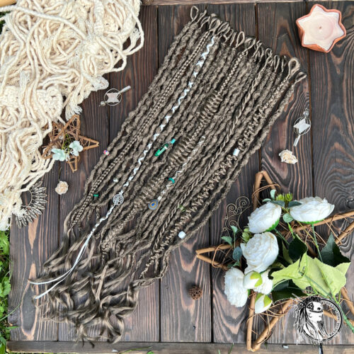 Mushroom Blonde! Dark Ash blonde dreads and braids! Boho decorated set with charms and beads, real Malachite, crystals and ribbons. BOHO504