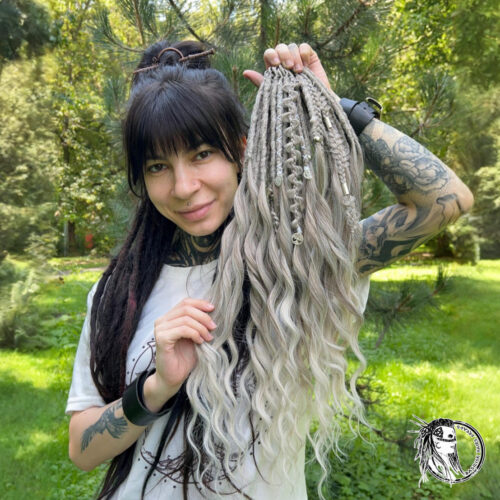 In stock - READY TO SHIP! 22-23 inches. Silver Witch! BRUSHABLE CURLS! Roots - decorated Dreads & Braids. You can choose the STYLE OF DECOR! brushable404r