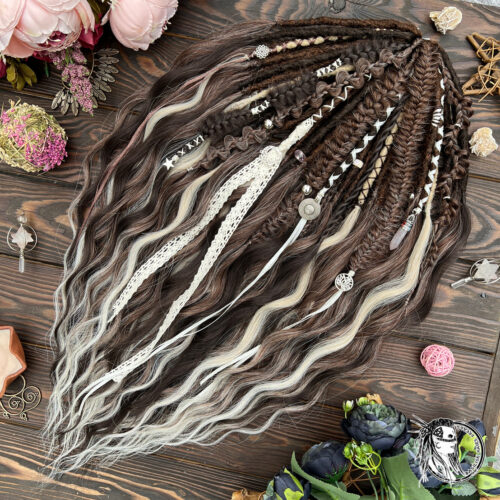 Mocha Raffia! BRUSHABLE CURLS! Roots – decorated Dreads & Braids. Natural colors - Blonde ombre, Brown, Сhocolate Brown ombre to Platinum. Decorated in Boho style with lots beads and charms, Rose Quartz Gemstone, lace! BRUSHABLE545