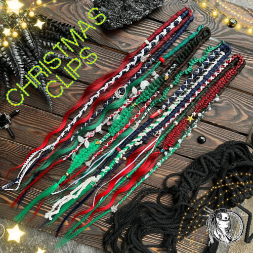 Jingle Yule - Christmas CLIPS! Select - Quantity and Length! Bright Green and Red ombre, dark navy Blue accents. Brushable curls, Dreads & Braids. Decorated in a Christmas style - with Gemstone, snowflakes and crystals, pine cones and a Christmas tree, fur and lace! CLIPS554