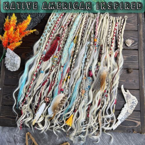 Spirit of Turquoise! BRUSHABLE CURLS! Set with decorated Dreads & Braids. A blend of Platinum Blonde and Light Golden Blonde. Native American inspired decorations featuring feathers, turquoise accents, real gemstone, charms, beads, and fringe elements! BRUSHABLE570