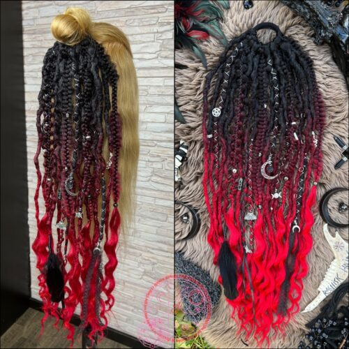Crimson Omen! XL Ponytail with elastic band – enough volume to style a full-head look and create large dread-wrapped buns. Includes decorated dreads and braids in black ombre to red. Custom ponytail – select length and decoration style; pictured with Witchy-inspired decorations. Easy-installation dread falls – with a dread-wig styling effect. PONYTAIL576