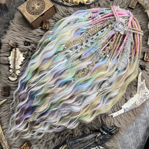 Honey Prism! BRUSHABLE CURLS! Roots – decorated Dreads & Braids. Platinum and Honey/Strawberry Blonde, Pastel Rainbow. Viking decorated with charms and beads, Tinsel, tree of life, crystals, runes and skulls, ribbons! BRUSHABLE597