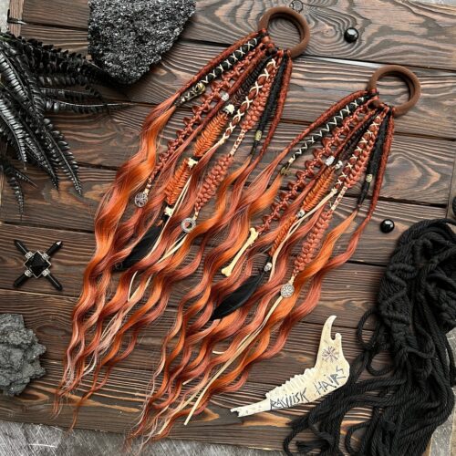 Copper Ember - M-size Ponytail with elastic band! Includes decorated dreads and braids with Brushable wavy ends! Custom ponytail – select length, colors and decoration style; pictured with Viking-inspired decorations. Easy-installation dread falls – with a dread-wig styling effect. PONYTAIL585