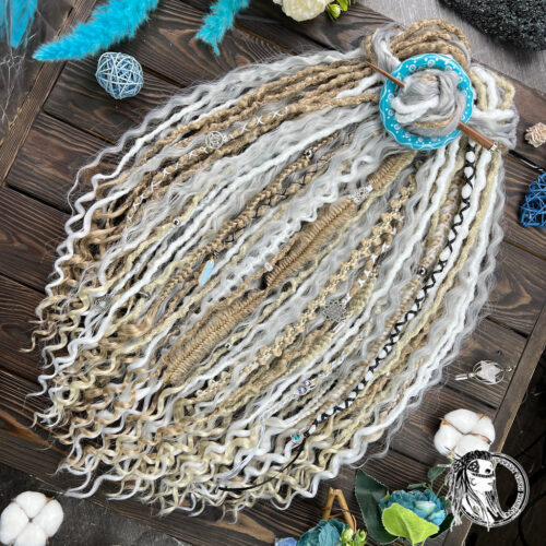 Ivory Drift! Dreads, Curls and Braids. White, platinum, and creamy blonde with silver-grey curls. With gemstone, boho and sacred geometry jewelry, beads and ribbons. YOU CAN CHOOSE THE STYLE OF DECOR! CURLS590