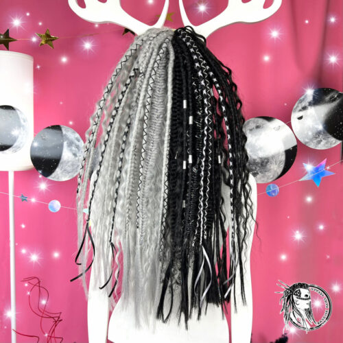 Noir Split - black and silver dread extensions with hybrid curls, crochet dreads, and accent braids. Minimalist decoration only, with subtle glitter woven into the braids for extra shine in motion. YOU CAN CHOOSE THE STYLE OF DECOR! CURLS631