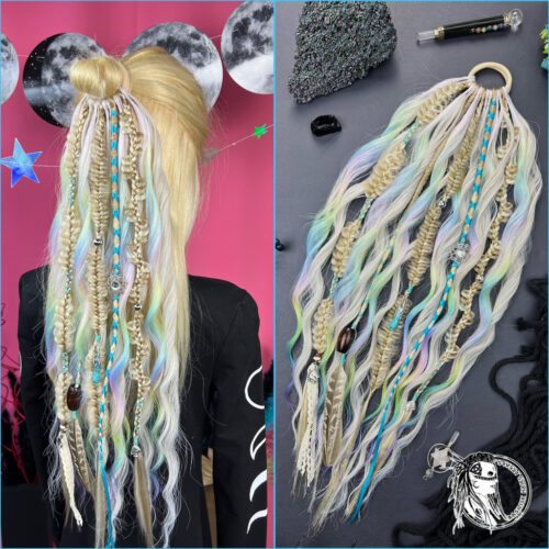 Rainbow Dreamfae – L-size Ponytail with elastic band OR Clip-ins! A versatile ponytail with strong volume and length. Includes decorated dreads and braids blended with Brushable waves! Custom – select length and decoration style; pictured with Fantasy-inspired decorations. Easy-installation dread falls – with a dread-wig styling effect. PONYTAIL634