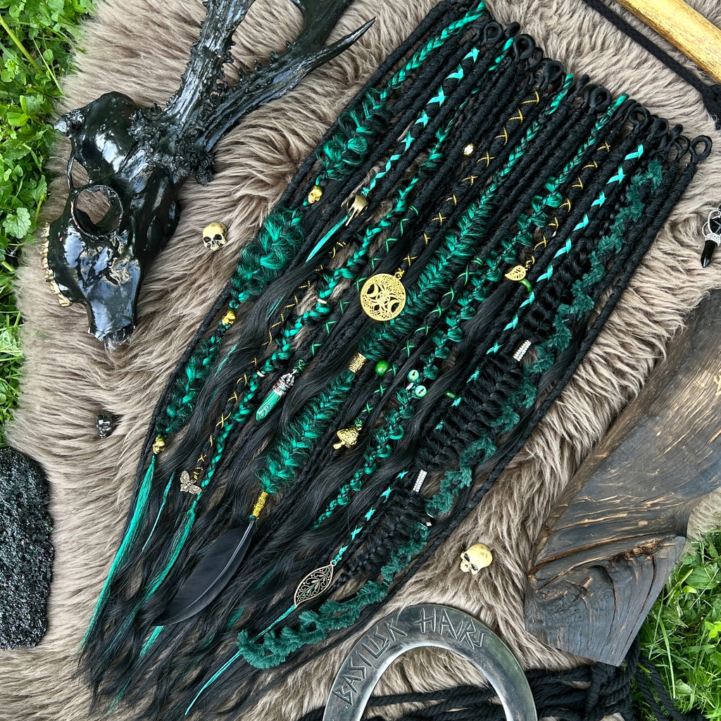 Forest Wyrd! BRUSHABLE CURLS! Set with decorated Dreads & Braids. Touches of emerald green woven into deep black braids. Forest Witch-inspired charms and beads, real Malachite and feather, skulls and runes. BRUSHABLE637