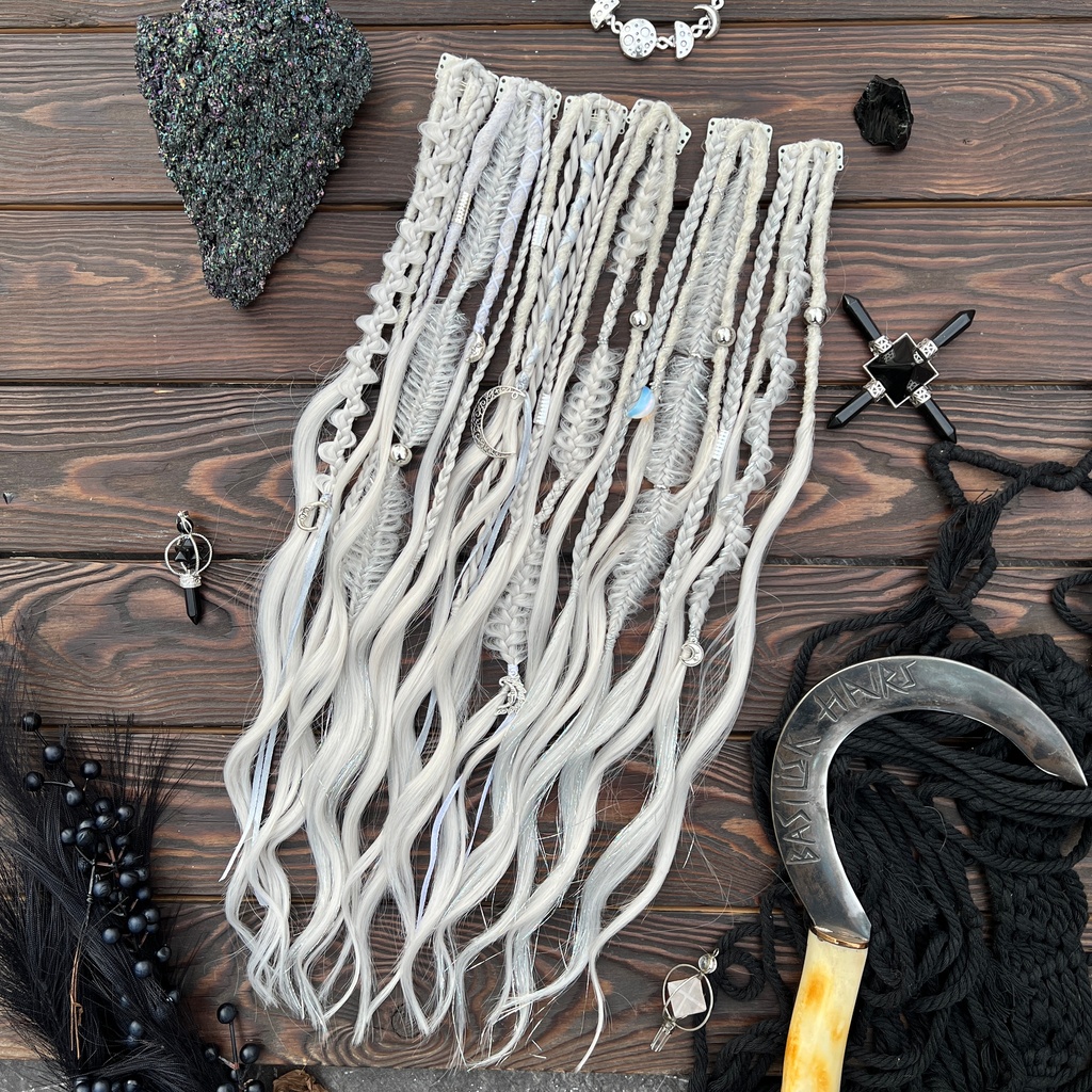 A new arrival – READY TO SHIP! Opaline Moon Clip-Ins OR XL-Ponytail. Pearl Platinum Blonde - Perfect for graying hair and blondes, while also creating a beautiful contrast with dark hair! Includes decorated dreads and braids with brushable curl ends. Decorated with real stones - Opal and Moonstone, various moons and crescents, hair Tinsel, ribbons. CLIPS615 - Image 4
