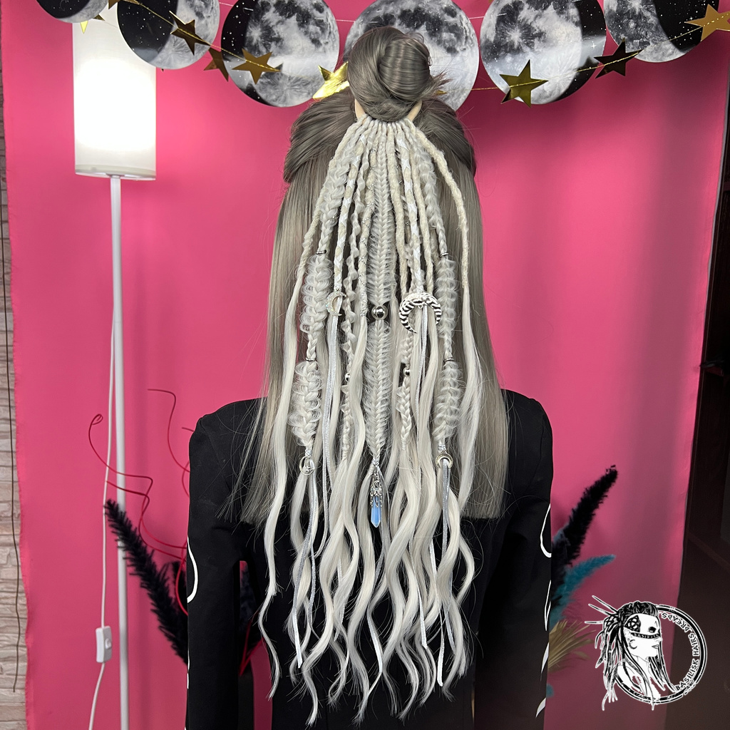 A new arrival – READY TO SHIP! Opaline Moon Clip-Ins OR XL-Ponytail. Pearl Platinum Blonde - Perfect for graying hair and blondes, while also creating a beautiful contrast with dark hair! Includes decorated dreads and braids with brushable curl ends. Decorated with real stones - Opal and Moonstone, various moons and crescents, hair Tinsel, ribbons. CLIPS615 - Image 3