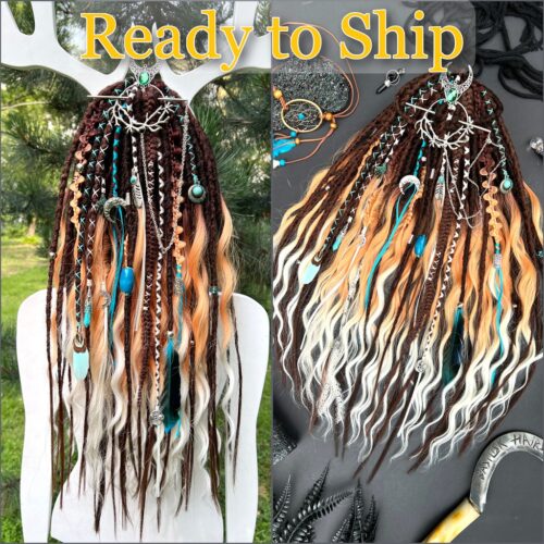 A new arrival – READY TO SHIP! Spiritwalker dreads and various braids - straight Crochet dreads (mixed copper browns) + Brushable Curls with auburn-to-ginger ombre and blonde ends. Lunar-inspired decorations with crescent moons, crystals, gemstones, feathers and celestial accents. BRUSHABLE639
