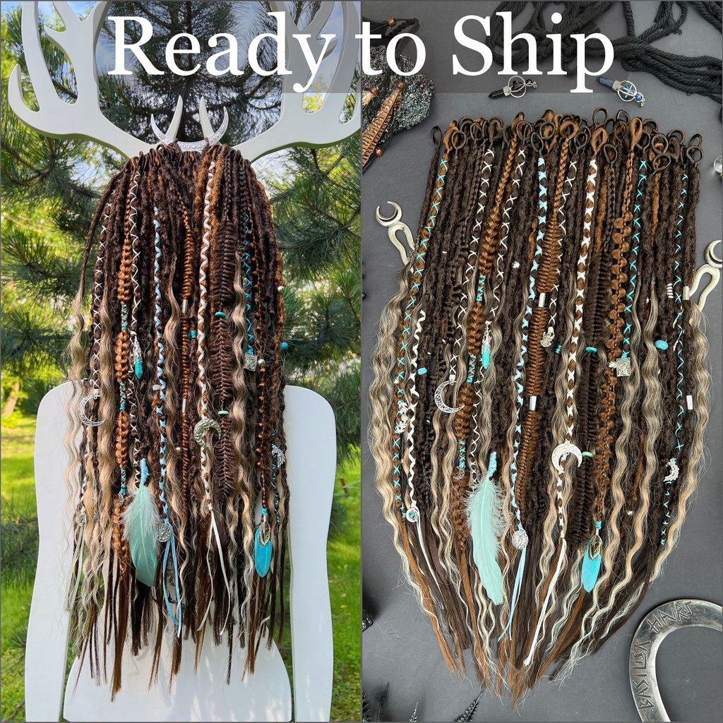 A new arrival – READY TO SHIP! Hermit Moon – bumpy-textured Crochet dreads and various braids (dark brown & auburn), brown to blonde ombre hybrid locks (curly strands). Lunar Witch decorations with crescent moons, triple moon charms, tarot charms, crystals, gemstones, feathers, and turquoise accents. WITCH641