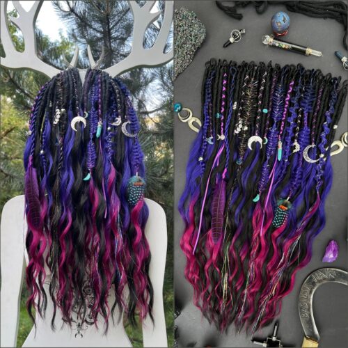 A new arrival - READY TO SHIP! Astral Plum! SINGLE ENDED, Length 22 inches. Brushable Curls, Roots: Decorated Dreads & Braids. Solid black and an ombre to purple with magenta (burgundy) ends. You can choose the STYLE OF DECOR! BRUSHABLE640R