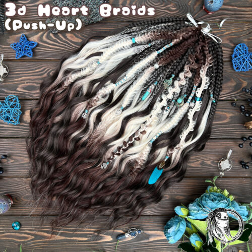 A new arrival – READY TO SHIP! Nightfall Set - Brown to Blonde ombre with dark ends and solid Brown pieces. 3D Heart Braids (Push-Up) with Brushable Curls - ultra-voluminous Boho decorated braid sets with our signature long sculpted braids! BRUSHABLE643