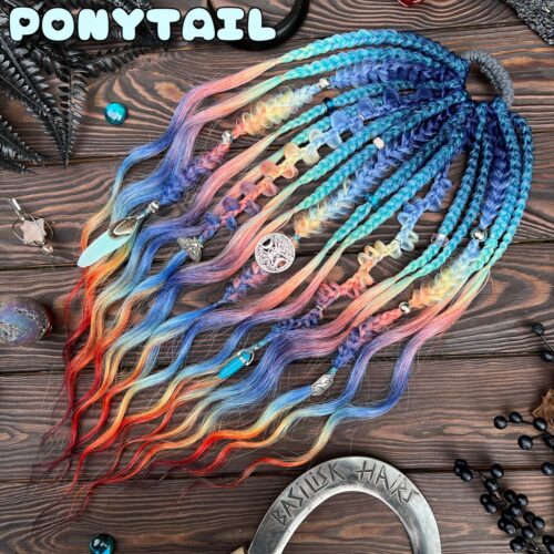 A new arrival – READY TO SHIP! Indigo Rainbow Ponytail. 3D Heart Braids (Push-Up) with Brushable Curls – ultra-voluminous, heavily decorated, with our signature long sculpted braids! Choose your decor style – pictured with Witchy-inspired decorations. We can also make a CLIP-INS in the same colors. PONYTAIL644