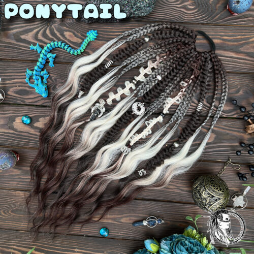 Nightfall - CLIPS or XL-PONYTAIL! 3D Heart Braids (Push-Up) with Brushable Curls – ultra-voluminous, heavily decorated, with our signature long sculpted braids! Select – Quantity and Decoration style! Pictured with Dragon-inspired decorations. PONYTAIL645