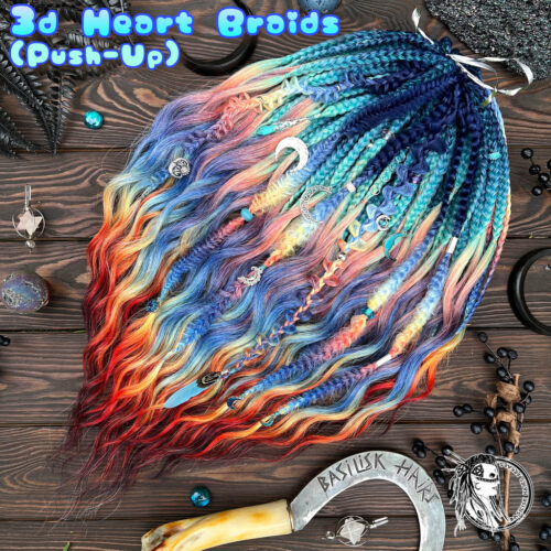 A new arrival – READY TO SHIP! Indigo Rainbow Set. 3D Heart Braids (Push-Up) with Brushable Curls - ultra-voluminous Lunar decorated braid sets with our signature long sculpted braids! BRUSHABLE646