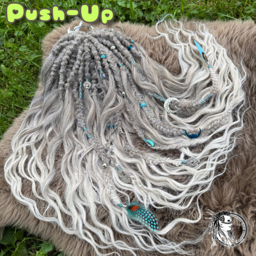 In stock – READY TO SHIP! Ashveil Set - dark blonde mixed with silver, ombre to platinum blonde ends. Push-Up Dreads with Brushable Curls - ultra-voluminous Lunar decorated sets with our signature long sculpted braids! BRUSHABLE648