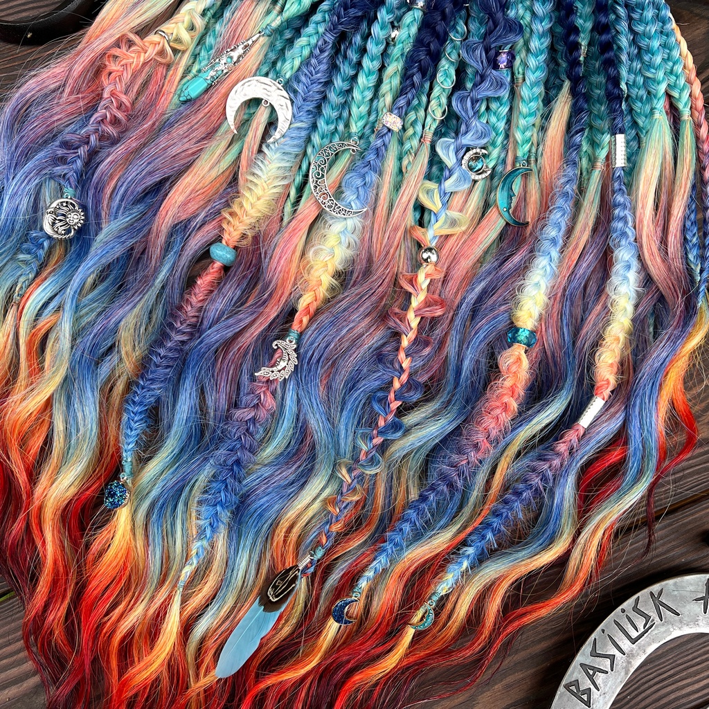 A new arrival – READY TO SHIP! Indigo Rainbow Set. 3D Heart Braids (Push-Up) with Brushable Curls - ultra-voluminous Lunar decorated braid sets with our signature long sculpted braids! BRUSHABLE646 - Image 4