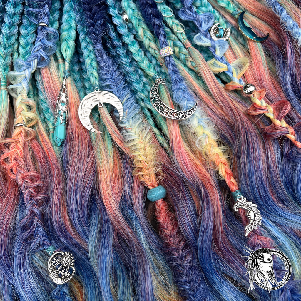 A new arrival – READY TO SHIP! Indigo Rainbow Set. 3D Heart Braids (Push-Up) with Brushable Curls - ultra-voluminous Lunar decorated braid sets with our signature long sculpted braids! BRUSHABLE646 - Image 3