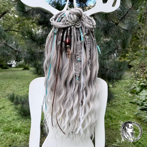 In stock - READY TO SHIP! Silver Sage - Perfect for Graying hair and Blondes! BRUSHABLE CURLS; Roots - decorated Dreads & Braids. Boho decorated with crystals, feathers, pearls, charms and beads. BRUSHABLE650R