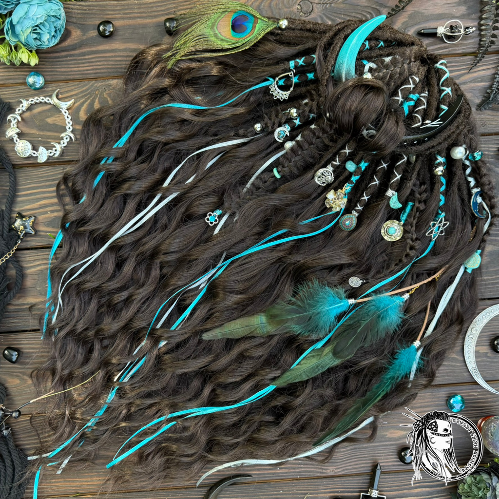 In stock – READY TO SHIP! Crystal Nomad – Dark Chocolate Brown. BRUSHABLE CURLS! Roots – Boho decorated Dreads & Braids. With alot of charms and beads, real gemstones and crystals, feathers! BRUSHABLE654R